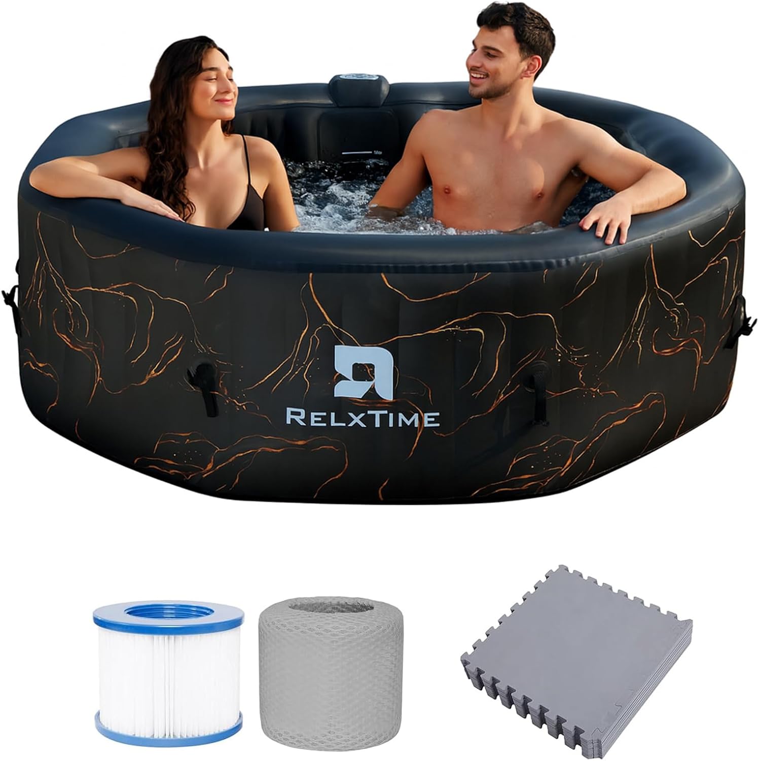 4-6 Person Inflatable Hot Tub Spa, Outdoor Portable Blow Up Hottub 130 Air Jets with Energy Efficient Cover, Built in Heater Pump, Cup Holder, 2 Filters, Black