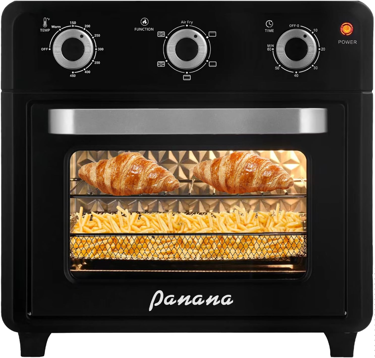 Panana Compact Airfryer Toaster Oven, 1400W 21QT with 6-in-1 Multifunctions and Wide Temperature Range, Air Fryer Oven with 60-Minute Timer/Auto-Off, Stainless Steel Countertop Oven (Black)