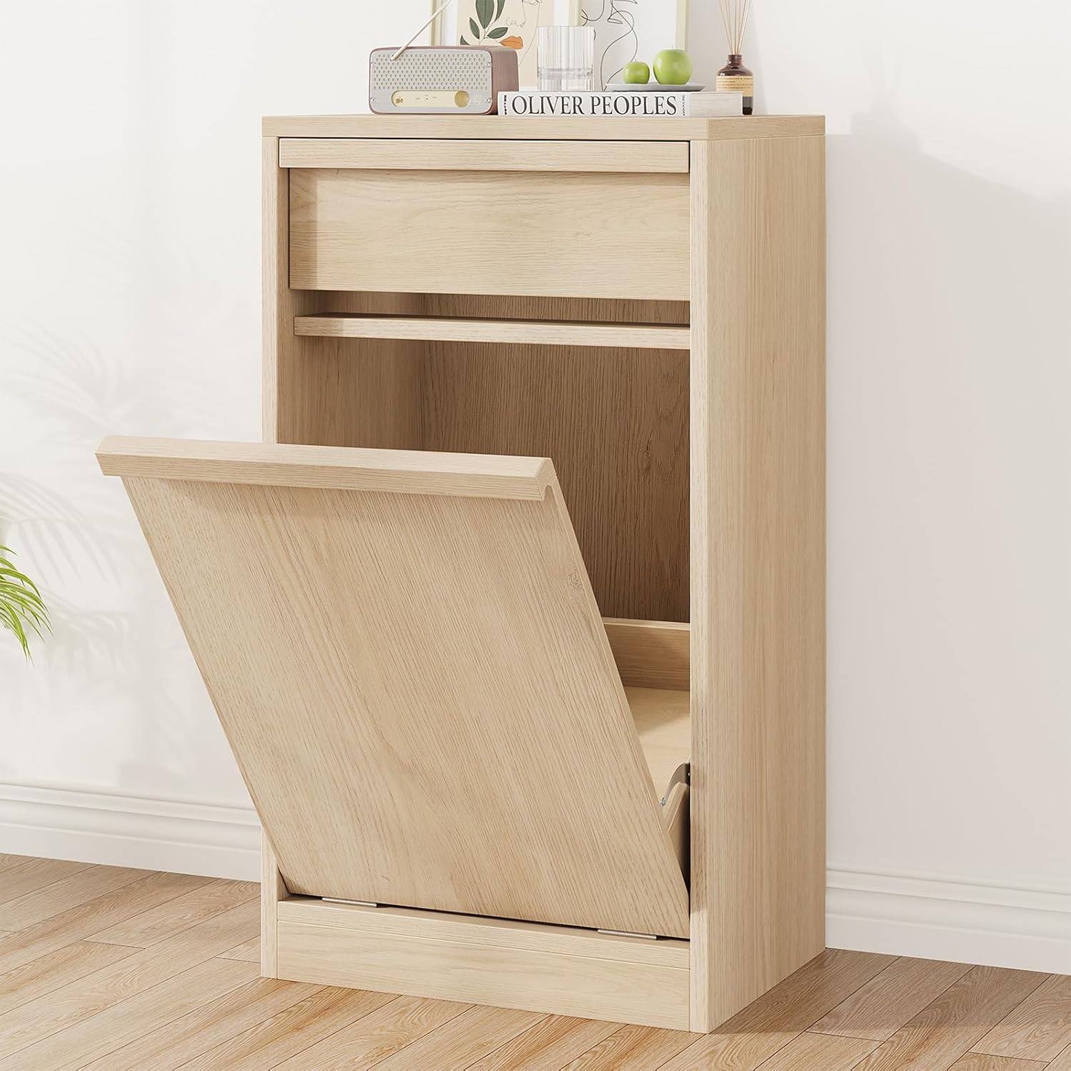 GarveeHome Tilt Out Trash Cabinet, Modern Trash Cabinet with 10 gal Storage, Hidden Freestanding Garbage Can Cabinet Laundry Hamper for Kitchen Dining Living Room