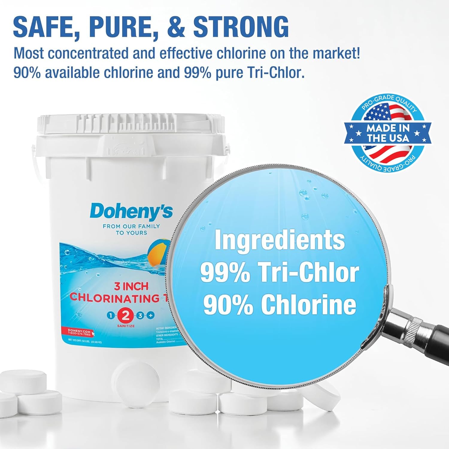Doheny’s 3-Inch Stabilized Chlorine Tablets for Sanitizing Swimming Pools | 99% Pure Tri-Chlor, 90% Available Chlorine | Long-Lasting, UV-Protected, Slow-Dissolving | Individually Wrapped 100lb Bucket