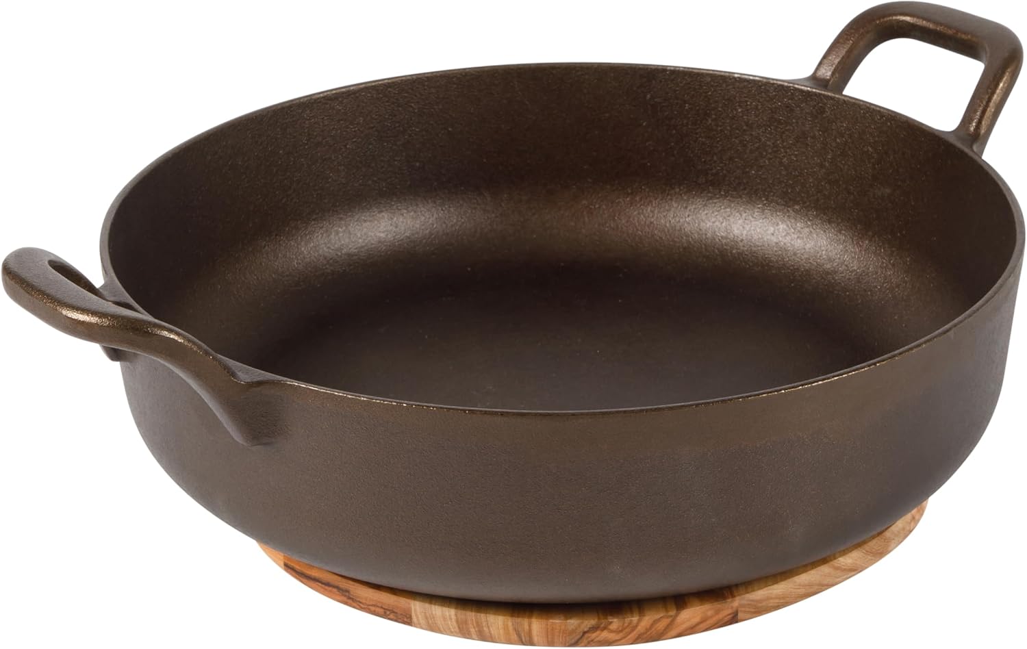 Bloomhouse Natural Bronze Finish 13-Inch Round Cast Iron Everyday Pan – Olive Oil Treated Cooking Surface with Dual Handles & Olive Wood Trivet, Oven, Stovetop & Campfire Safe