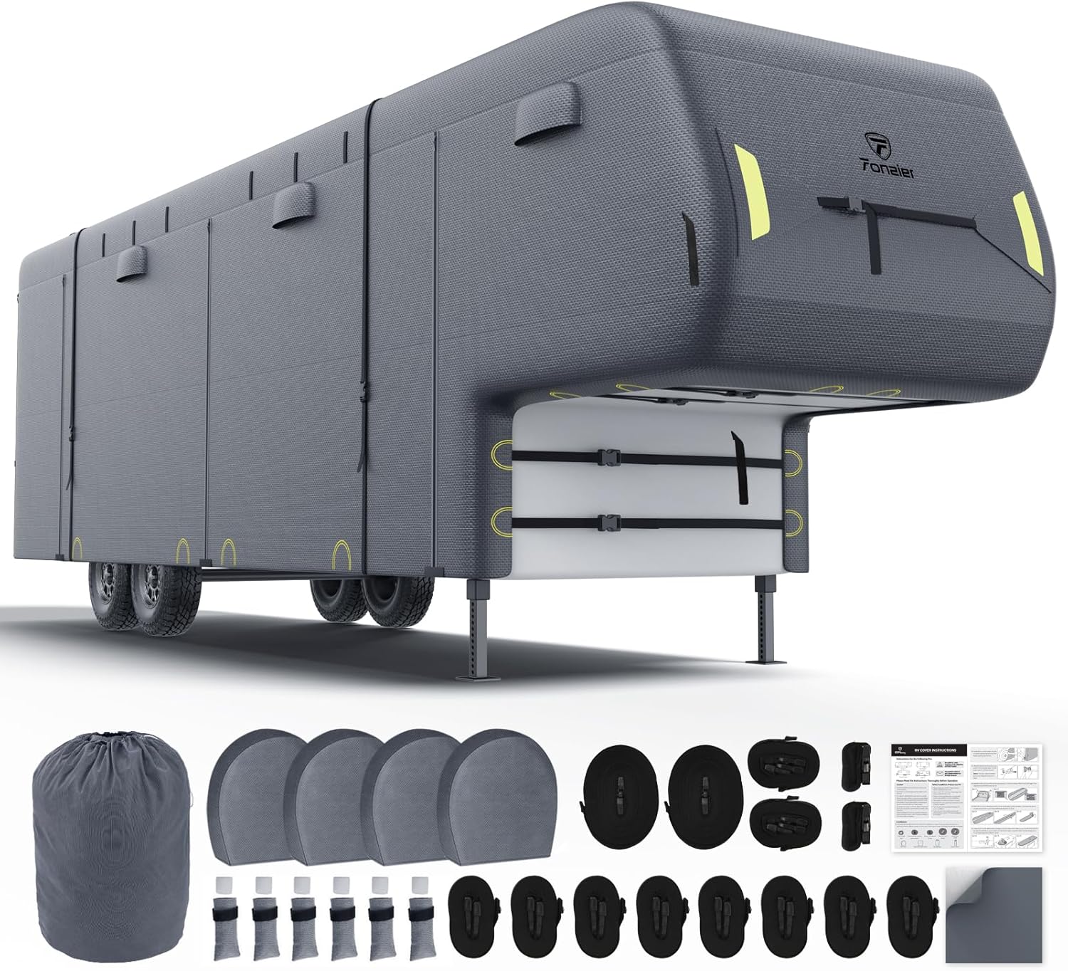 RV Cover 24-26ft: Extra Thick 600D Oxford Travel Trailer Cover, Waterproof Winter Camper Cover with 4 Tire Covers, Extra Windproof Ropes, Gutter Cover, Rip-Stop Anti-UV