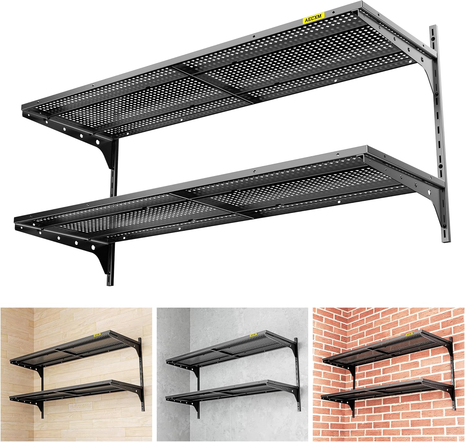 1pack×2 Tier 1.3x4ft Garage Shelving Wall Mounted, 260lbs Load Capacity，15.6x48inch per Shelf Height Cassette Adjustable Floating Shelves, Black