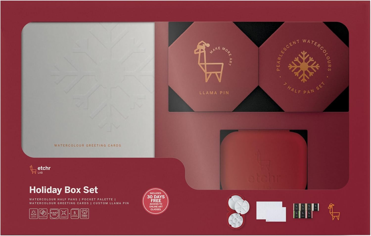 ETCHR Holiday Watercolor Gift Set – Cranberry Edition | Limited-Edition Pocket Palette with 7 Festive Colors, 5 Greeting Cards & Collectible Llama Pin – Gift for Artists