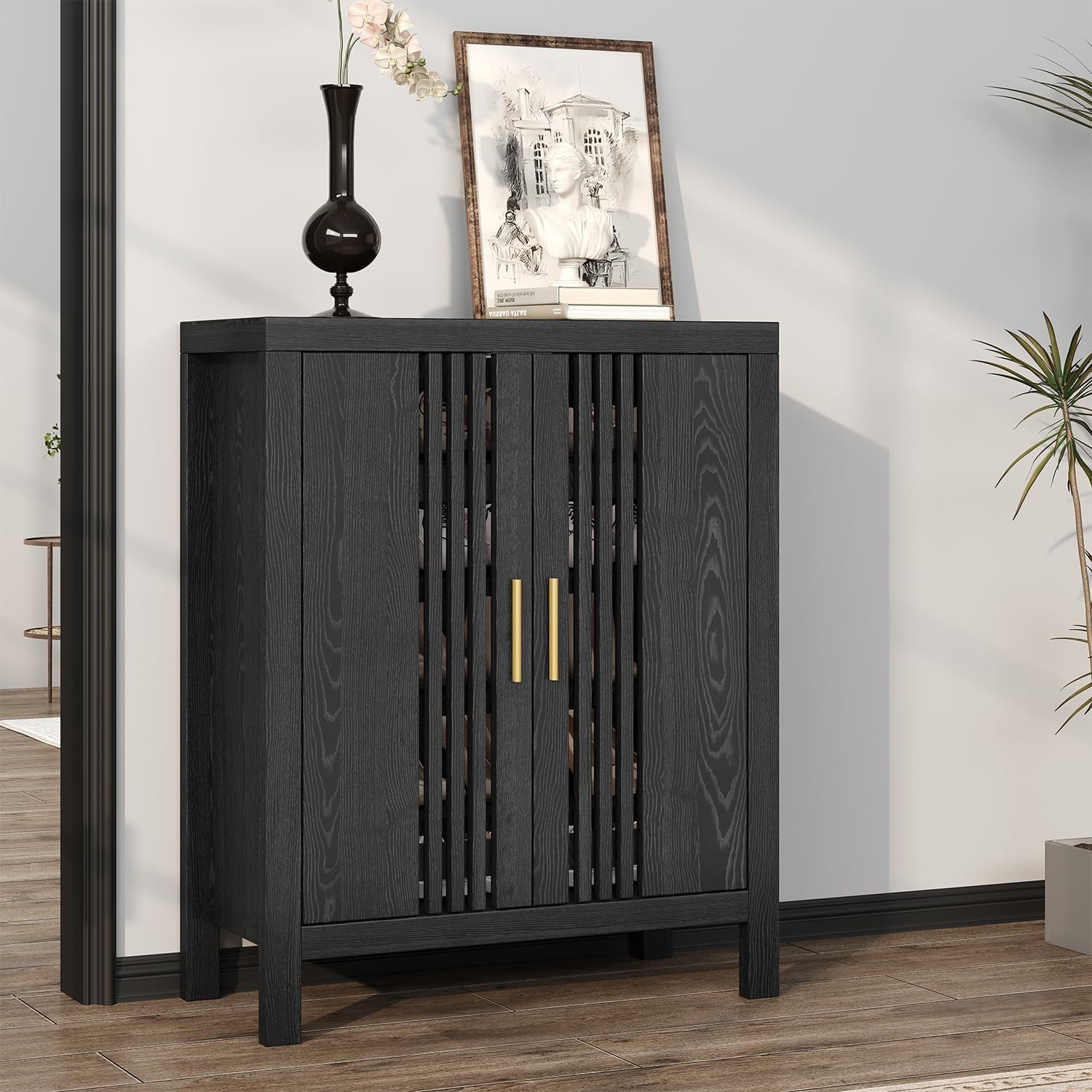 Wooden Shoes Cabinet with Adjustable Shelves, Retro Freestanding Shoe Organizer Cabinet for Entryway Hallway Living Room, 5-Tier Shoe Cabinet with Doors for 20 Pairs, Black