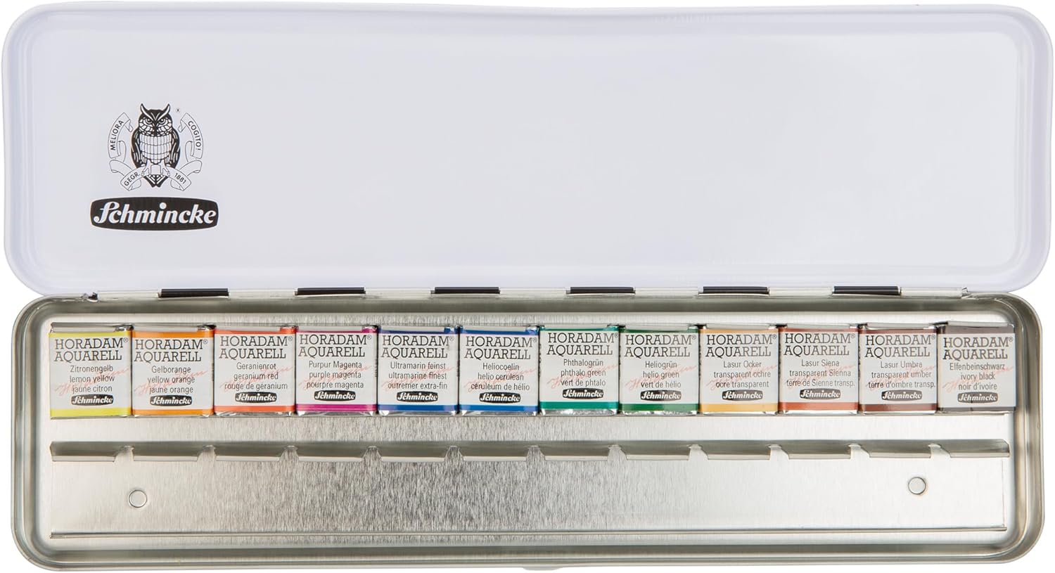 Schmincke - HORADAM® AQUARELL paint box Slim Line with 12 finest watercolors in 1/2 pans, 74825097, empty tray, narrow and flat, painting set