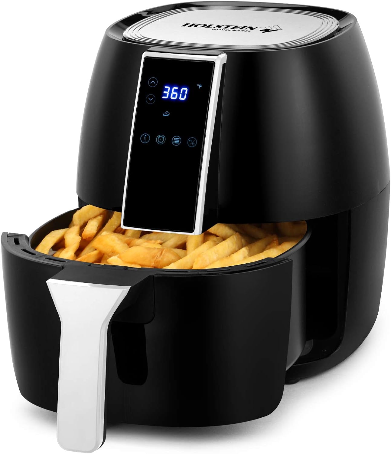 Holstein Housewares 4.8QT Air Fryer Golden Elegance. Hot Air Technology & PFOA Free Non Stick Coating for Less Oil Use with Led Display. No Pre Heating, Fry, Bake, Grill and Roast. White & Gold