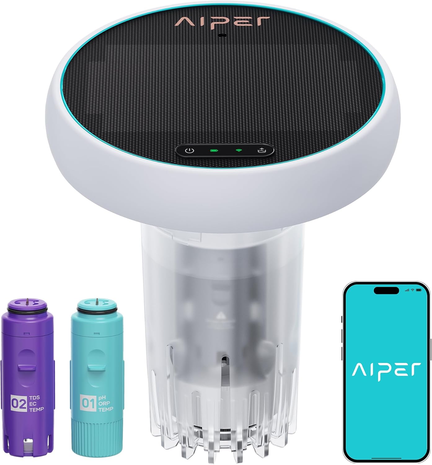 AIPER HydroComm Smart Pool Monitor, 24/7 Digital Water Testing for Pools, Hot Tubs & Spas, 5-in-1 Accurate Testing, App Control, Customized Optimization Tips, White