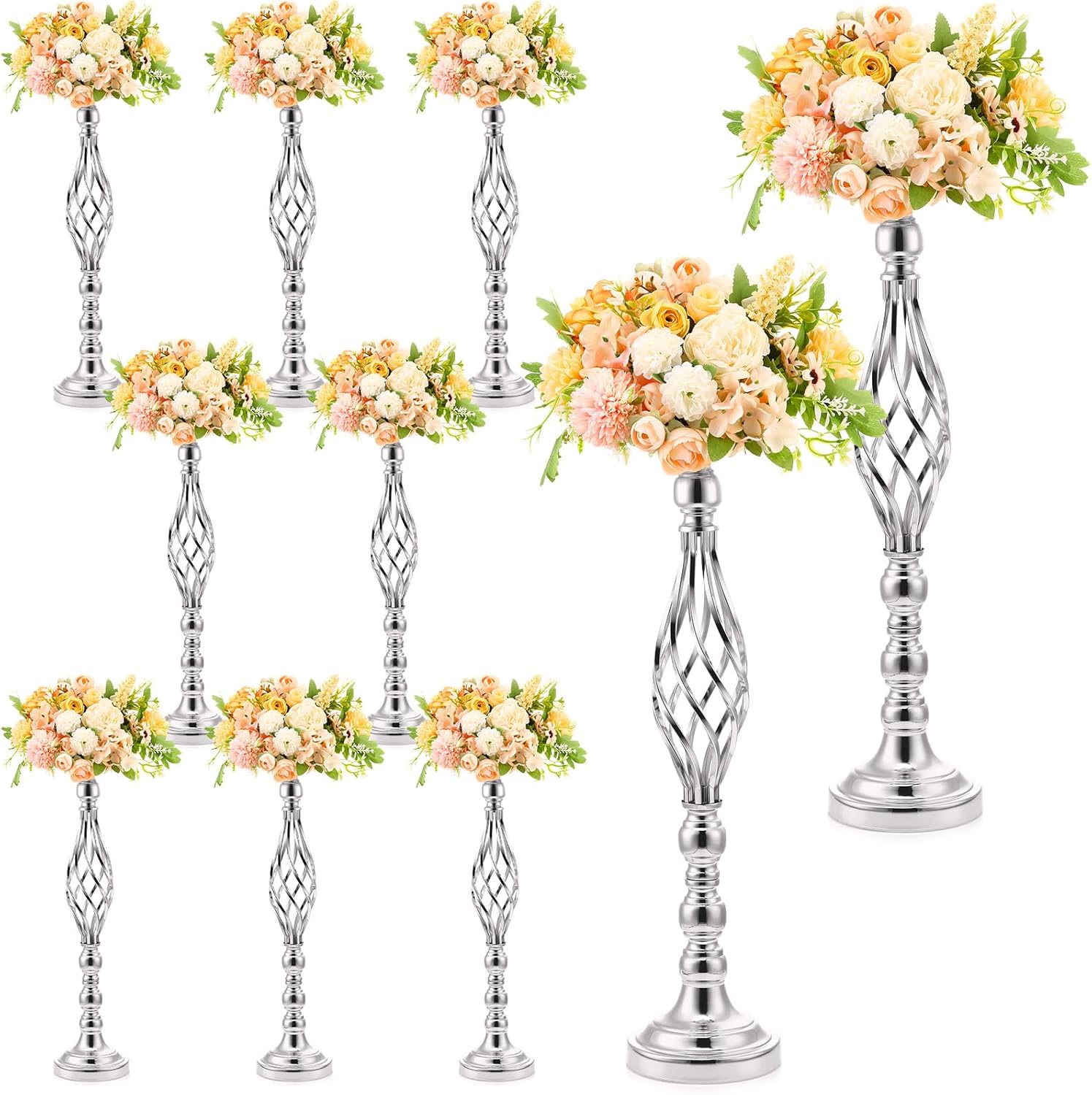 Rtteri 10 Pcs Large Wedding Centerpiece Table Decorations Tall Metal Flower Arrangement Stand Elegant Flower Vase Candle Holder for Wedding Reception Table Party Event Hotel Home Decor (Silver)