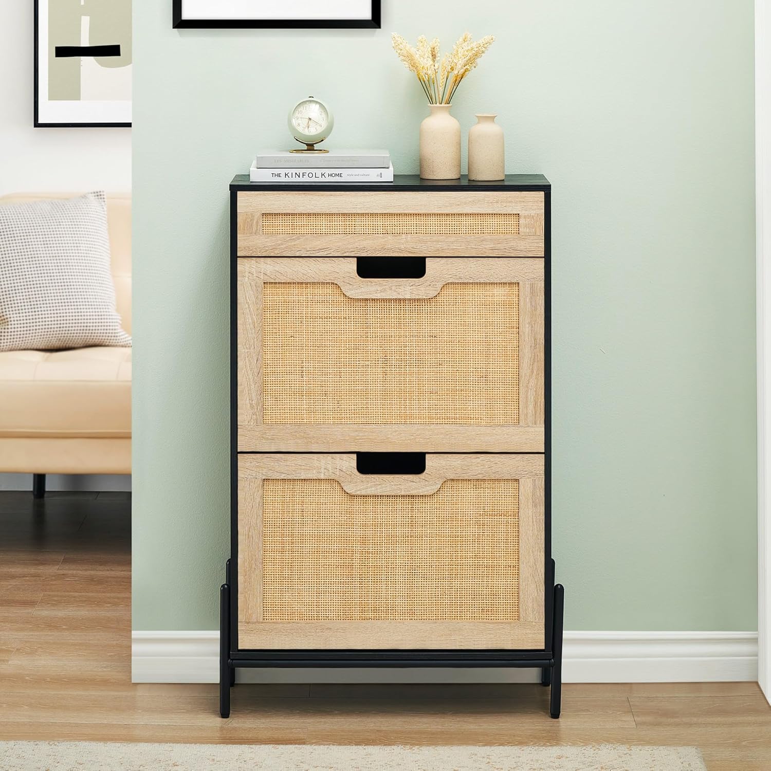 GAOMON Natural Rattan 2 Flip Door with 1 Drawer Shoe Rack Storage Cabinet, Shoe Cabinet Organizer Freestanding with 3-Tier Adjustable Shelves for Entryway, Entrance Hallway (2 Flip Doors, Black)