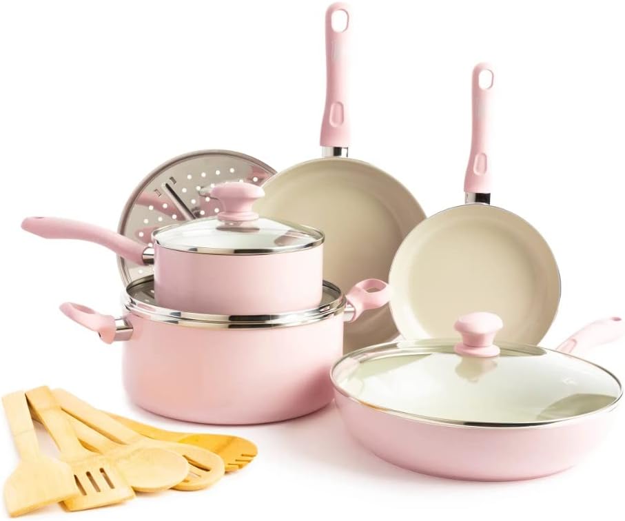 Ceramic Nonstick, Cookware Pots And Pans Set, 14 Piece,Kitchen Accessories