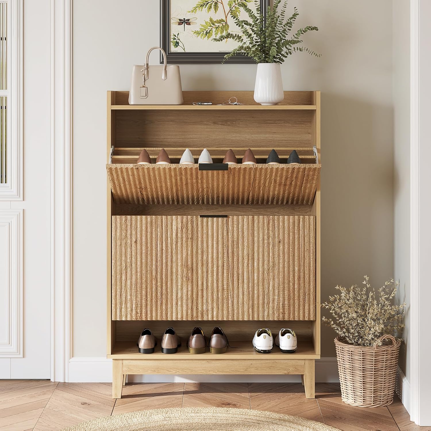 LITTLE TREE Shoe Cabinet with 2 Flip Drawers, Hidden Shoe Storage with Open Shelf, 31.5