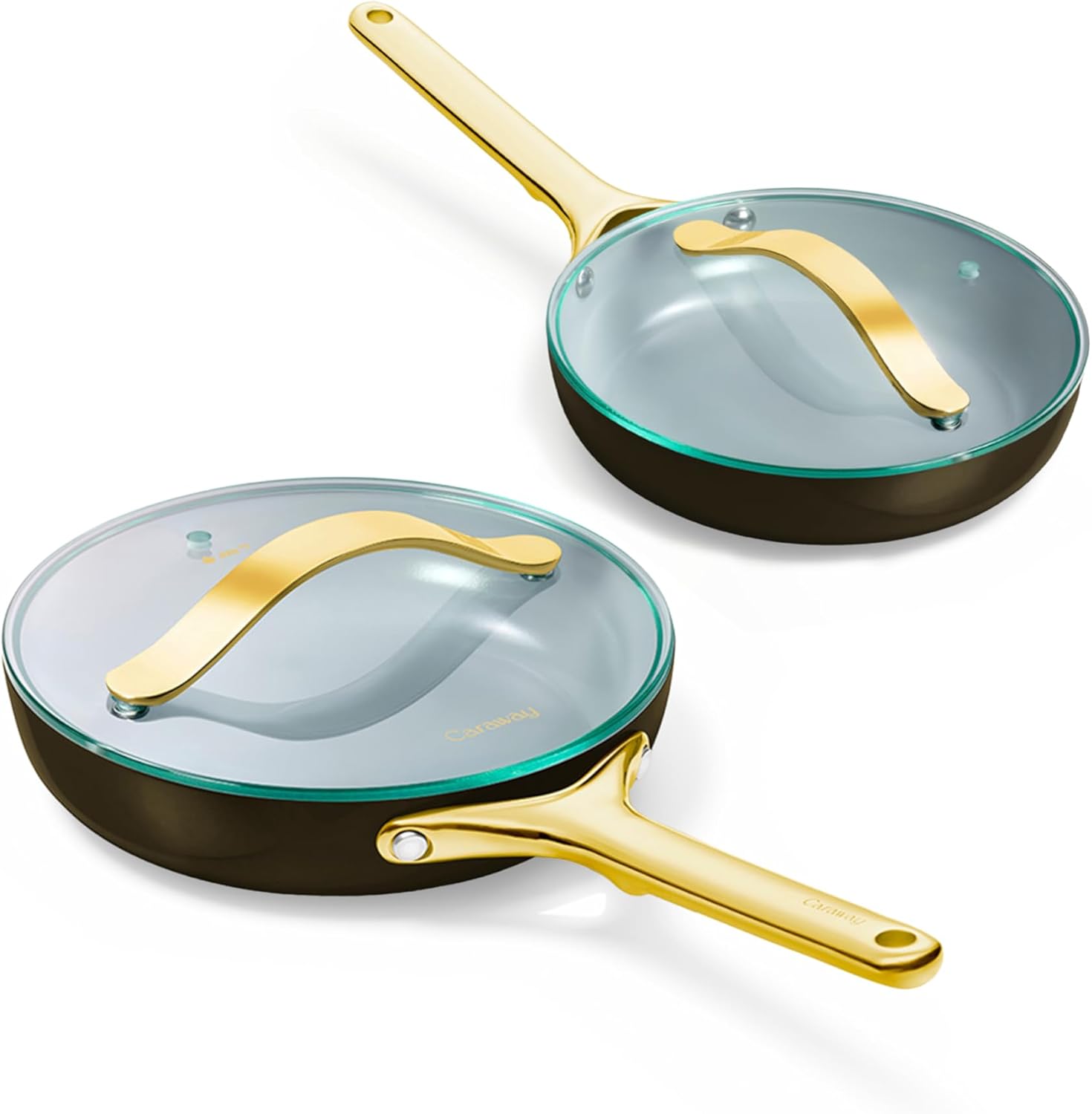 Caraway Ceramic Nonstick Fry Pan Set with Glass Lids – Includes Two 10.5” Fry Pans, One 8” Fry Pan, & Three Lids - Non Toxic, PTFE & PFOA Free - Oven Safe & Compatible with All Stovetops - Sage