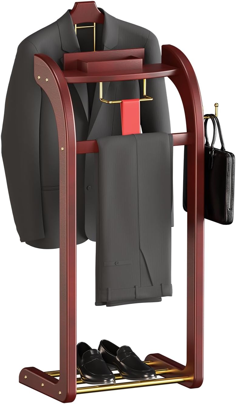 Suit Valet Stand for Men and Women, Wood Clothing Valet Stand Suit with Contour Hanger, Tray, Trouser Bar, Tie Bar and Shoe Rack, for Entryway Office Living Room 15.75 * 13.78 * 44.88in