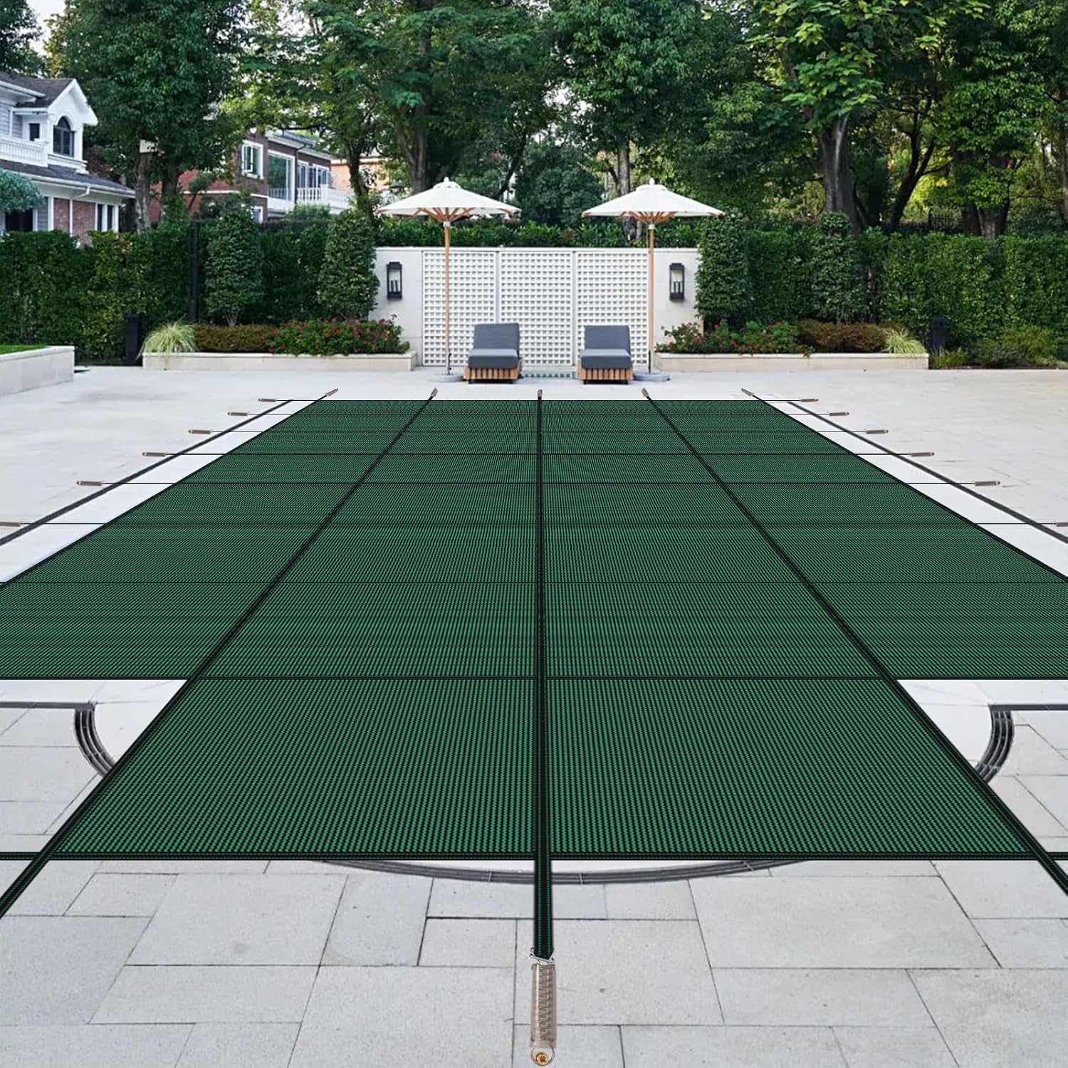 Pool Safety Cover for Inground Pools, Heavy-Duty Winter Pool Cover, Rectangle Mesh/Solid Swimming Pool Covers, Triple Stitched for High Strength & UV Protection，Green