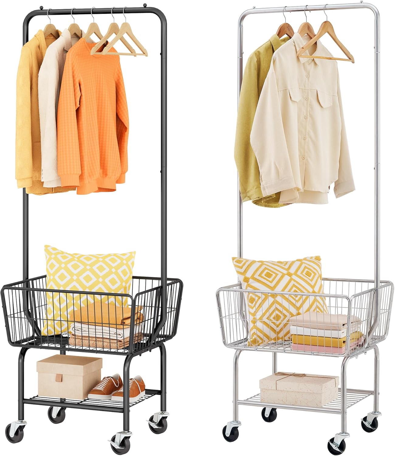 Black Laundry Cart with Hanging Rack Plus Silver Metal Laundry Cart