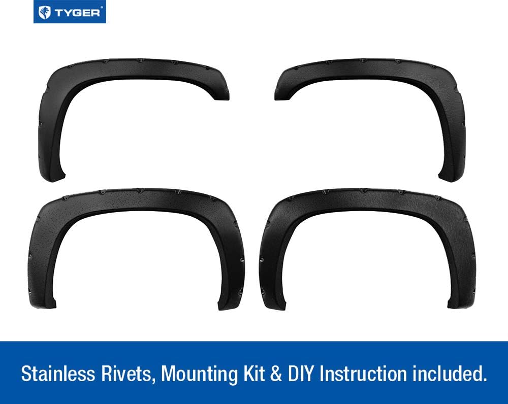 Tyger Auto Fender Flares Compatible with 1999-2006 Chevy Silverdo GMC Sierra 1500 2500 3500HD (Incl. 2007 Classic) Fleetside, Rough Textured Bolt-Riveted Style 4pc | TG-FF8C4057