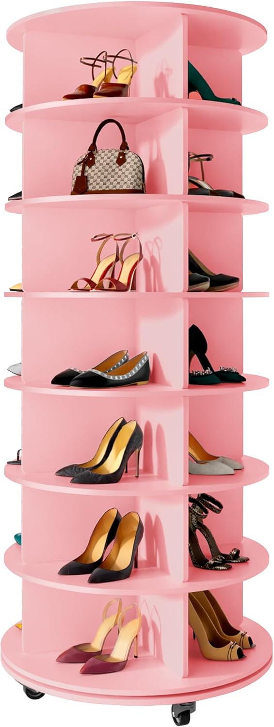 7 Tier Rotating Shoe Rack Tower with Wheels, 360 Revolving Shoe Rack Storage Round Carousel lazy susan, 66.9