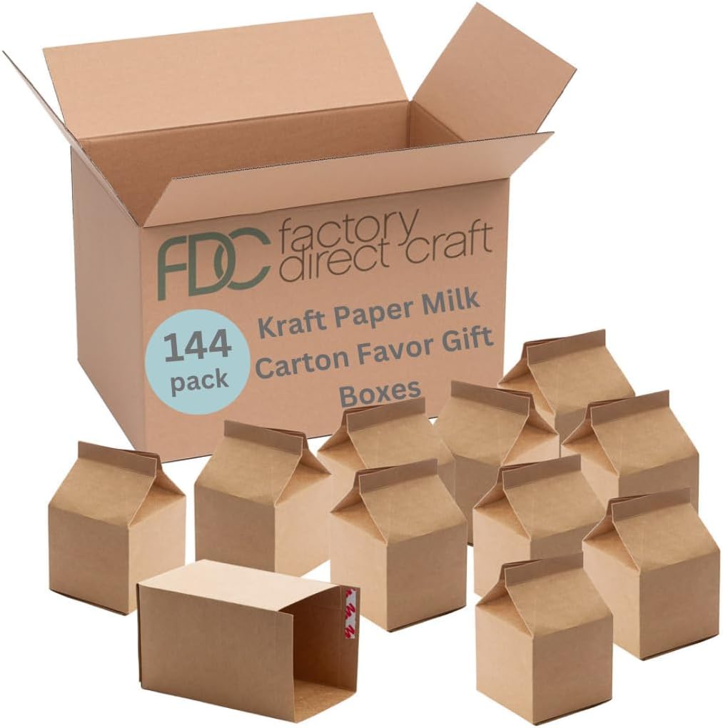 Pack of 144 Kraft Paper Party Favor Milk Cartons - Ready to Personalize Cafeteria Milk Gift Boxes for Wedding, Birthday Party, Baby Shower and Bridal Shower Favors (Size: 3