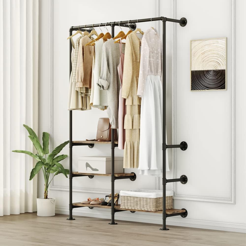 Industrial Pipe Clothing Rack with Shelves, Wall Mounted Garment Rack, Heavy Duty Choset Clothes Rack for Indoor Bedroom and as walk-in Closet System(Black)