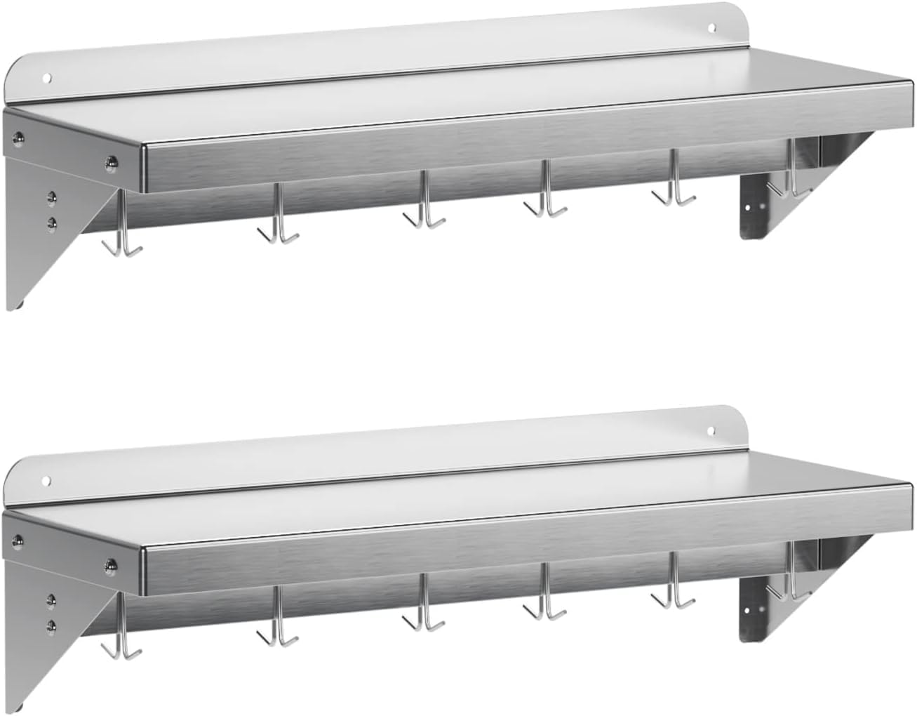 Garvee 2 Pack 12 in x 36 in Stainless Steel Wall Mount Shelf NSF Certified with 6 Hooks Metal Multifunctional Storage Rack with Backplash for Hanging Pots, Pans,cookware in Home and