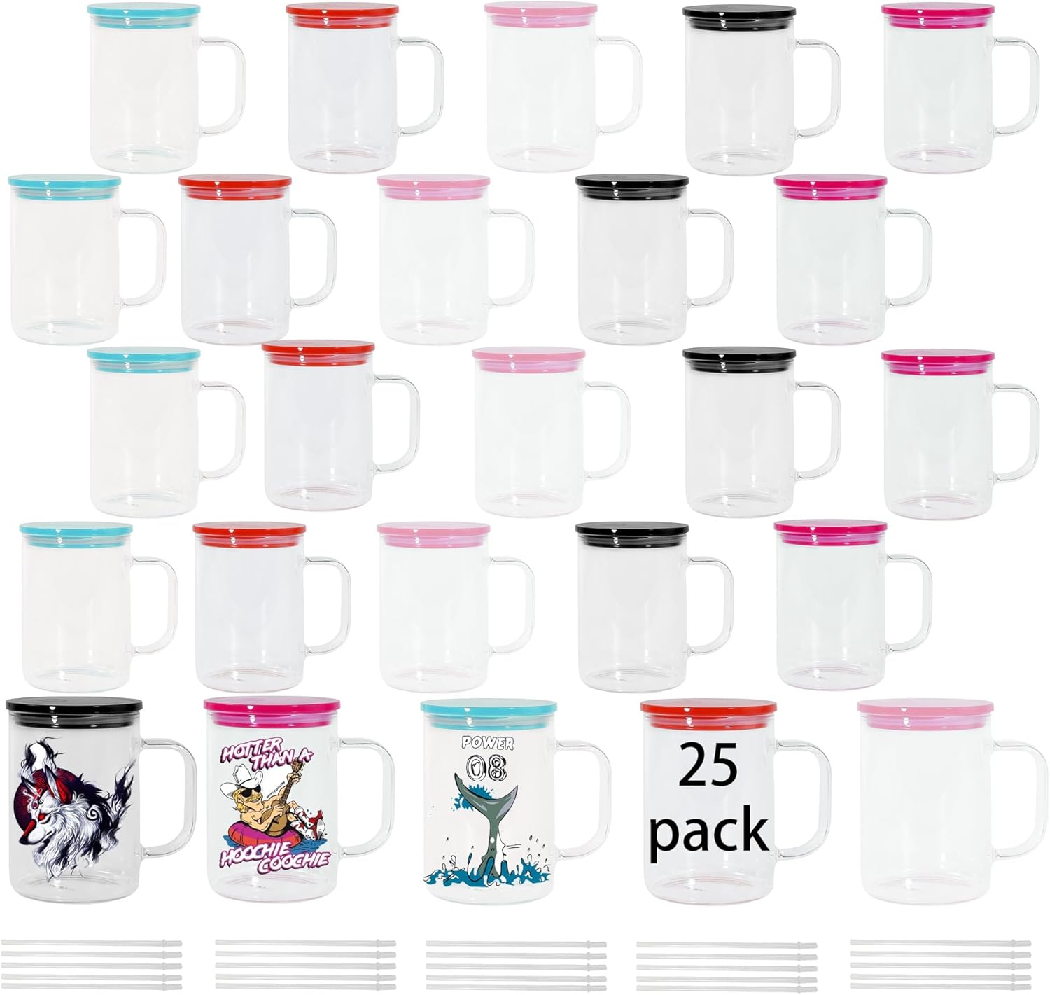 17 oz Sublimation Glass Cup with Handle, 25 pack Sublimation Glass Tumblers with Colored Acrylic Lid, Beer Glasses With Handle, Suitable for coffee, milk, beer, Individual box, clear