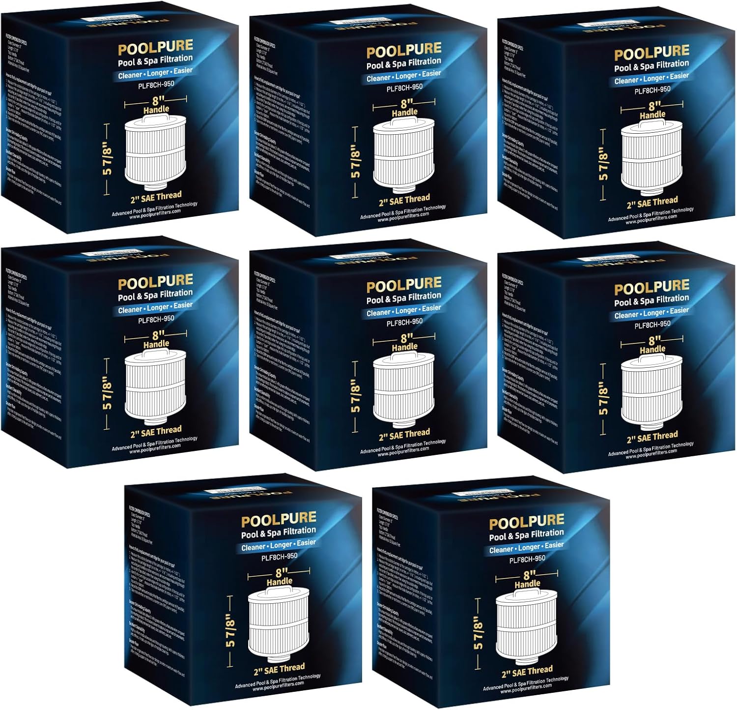 POOLPURE Pack of 8 8CH-950 Replacement Compatible with 10-2785 Bullfrog Spa Filter, PBF35, PBF50-F2S, Filbur FC-0536, Excel Filters XLS-834, Aladdin 15052, 2