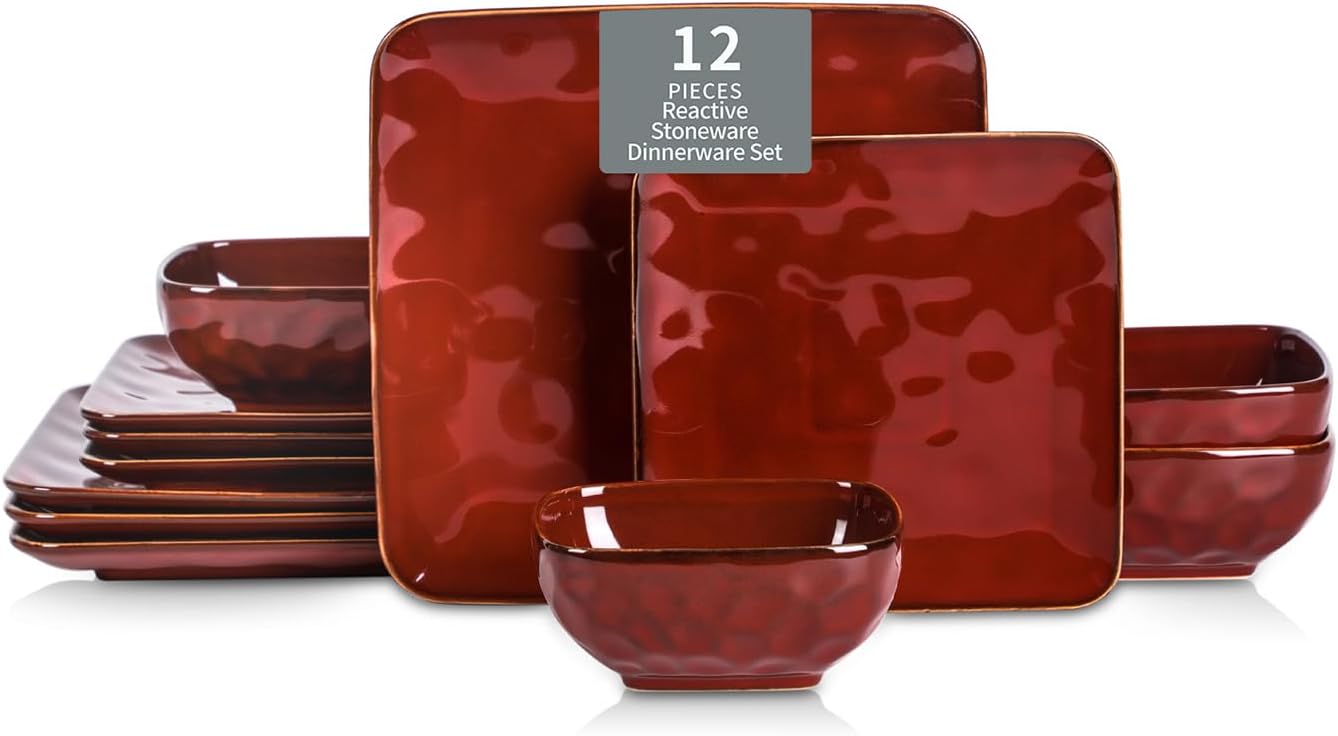 vicrays Ceramic Square 12 Pieces Dinnerware Set - Dinner Plates Salad Plates Cereal Bowls Set Service for 4 - Scratch Resistant Microwave Oven Dishwasher Safe - Cherry Red
