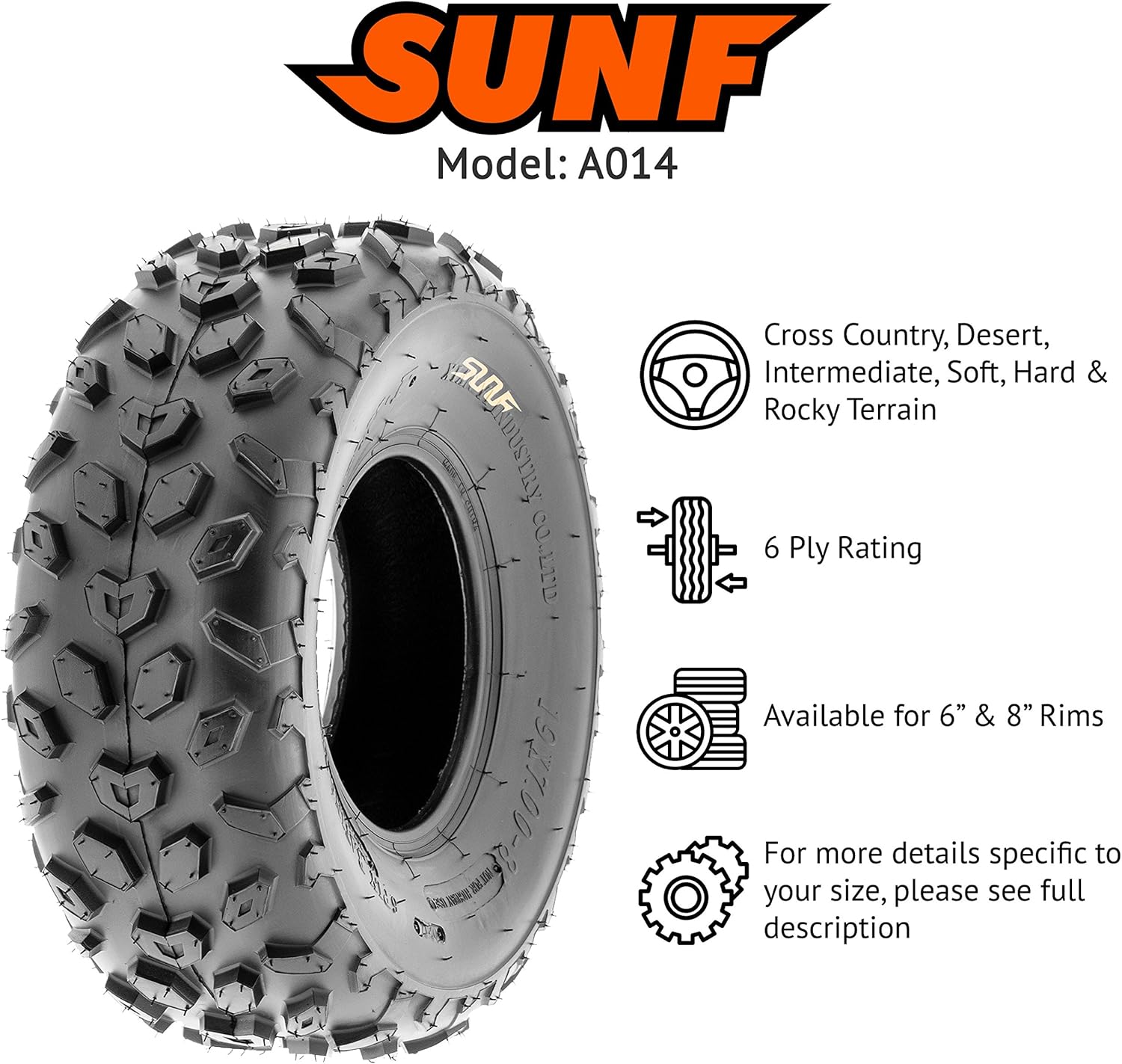 SunF A014 XC-Sport ATV & Go Kart 19x7-8 Knobby Tires, 6 PR, Tubeless (Pair of 2)