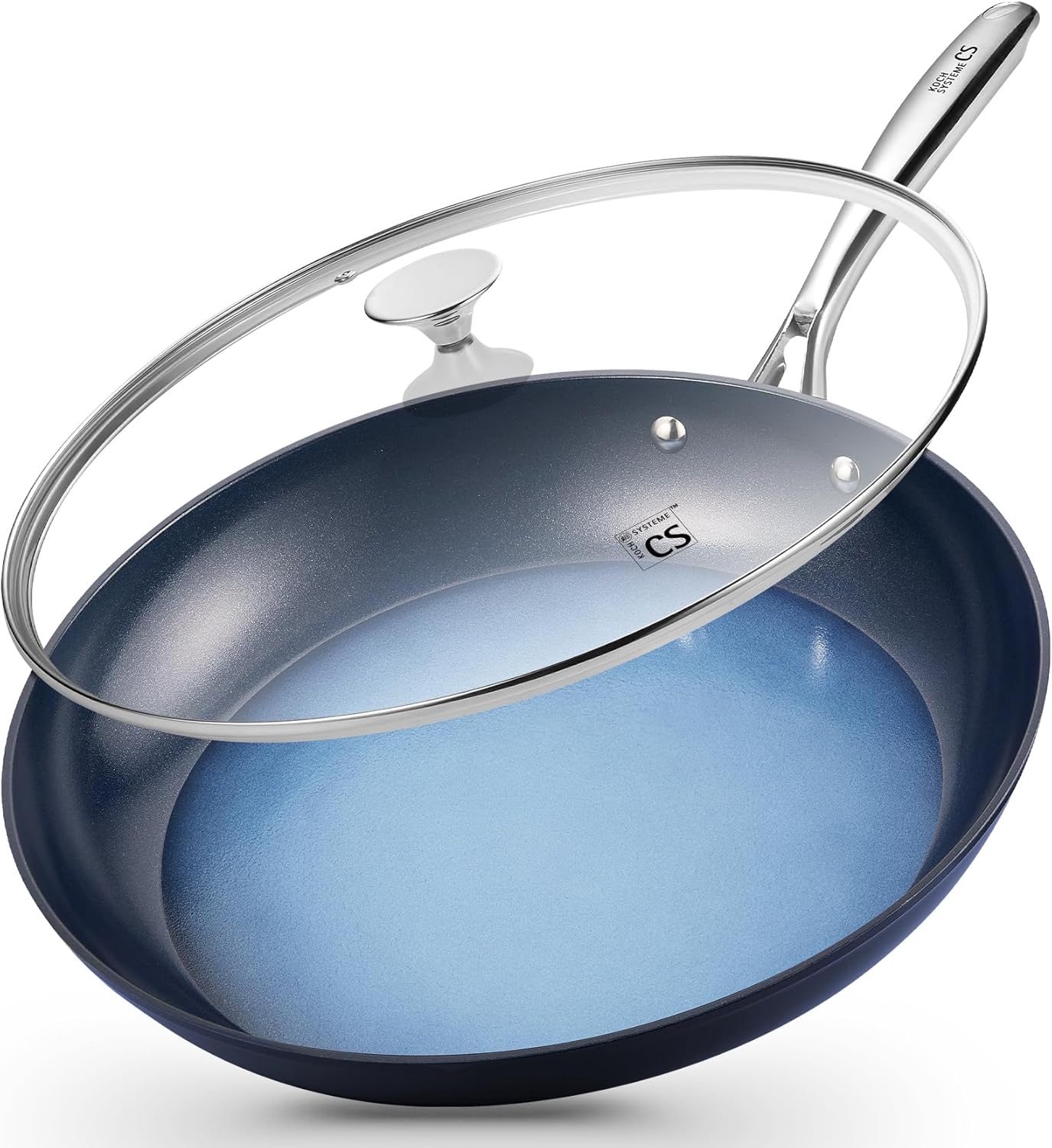 KOCH SYSTEME CS 14 Inch Large Frying Pan with Lid, Nonstick Skillet with Ceramic Interior, Large Fry Pan for Family & Commercial Cooking, Frying Pan Nonstick, Oven Safe & Induction Compatible, Blue