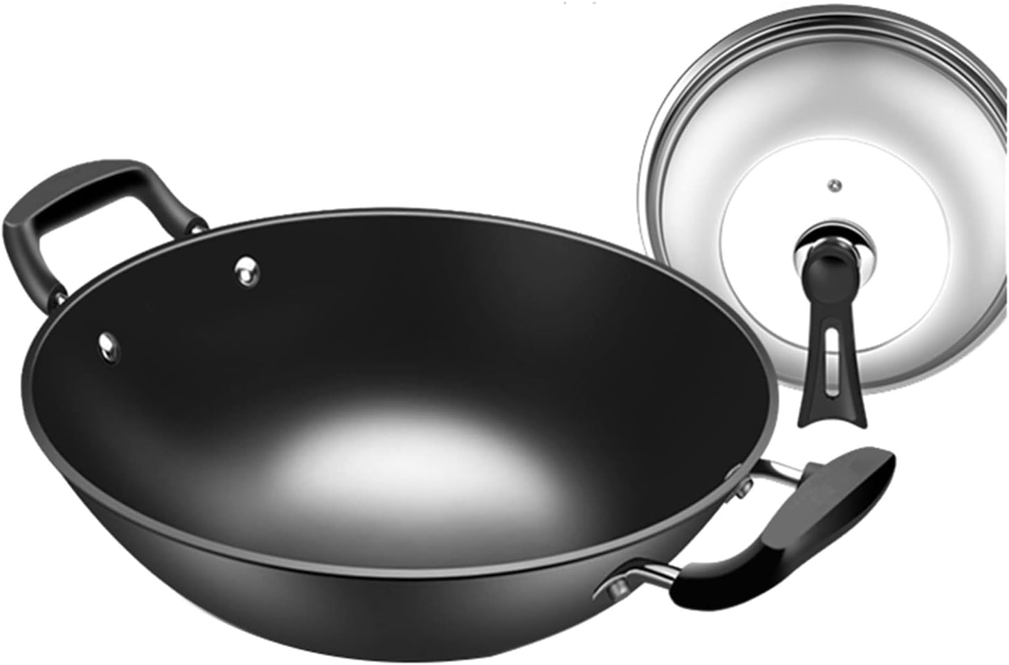 Iron Wok, Double Ear Wok Pot, Domestic and Commercial Wok, with Lid,46Cm,38cm