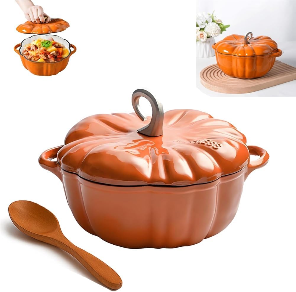 Pumpkin Dutch Oven Pot with Lid, Pumpkin Dutch Oven Cast Iron, Dual Handle Soup Pots, Enameled Non-stick Cooking Pot, Halloween for Stews Soups Baking & Holiday Gift(Round 7.87in)