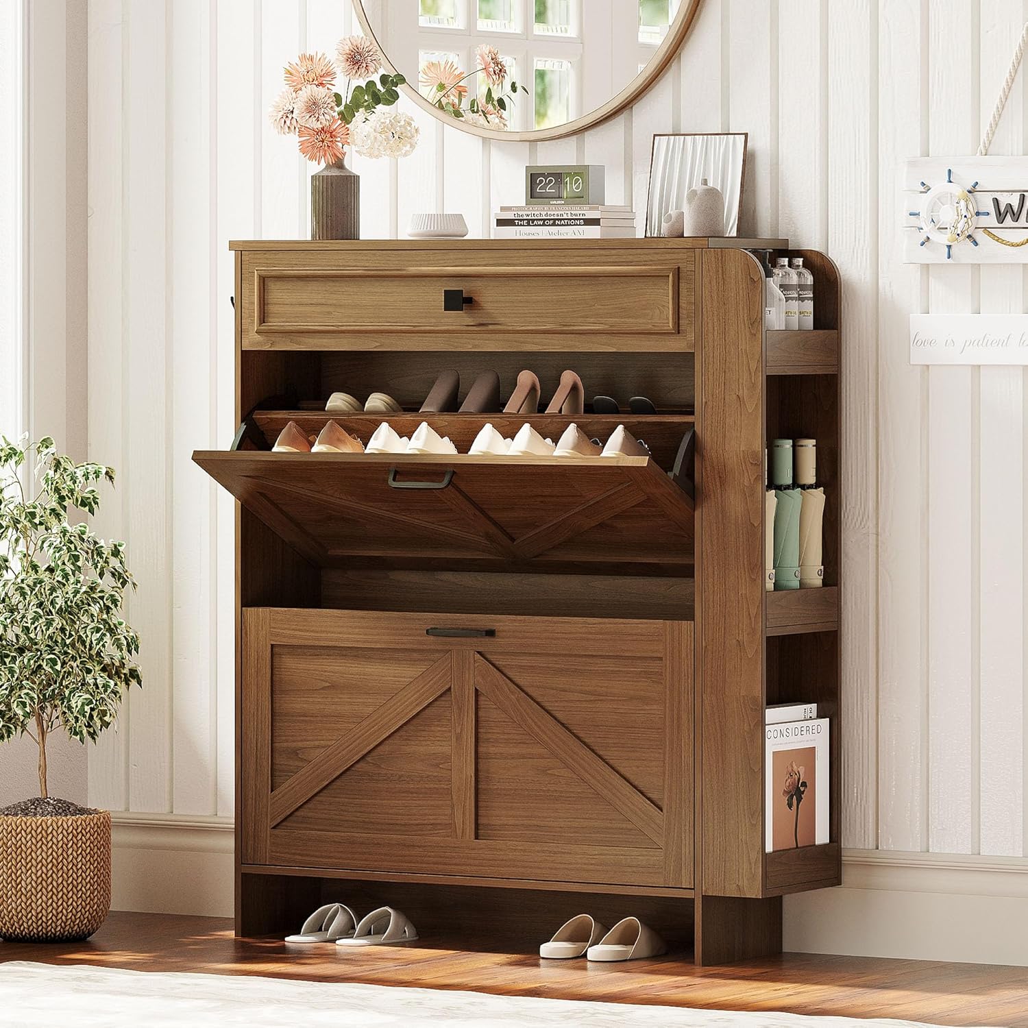 IRONCK Shoe Storage Cabinet with 2 Flip Drawers & Barn Door Design, Freestanding Shoe Cabinet Organizer with Drawer and Shelves for Entryway, Farmhouse Shoe Rack Cabinet,Dark Walnut