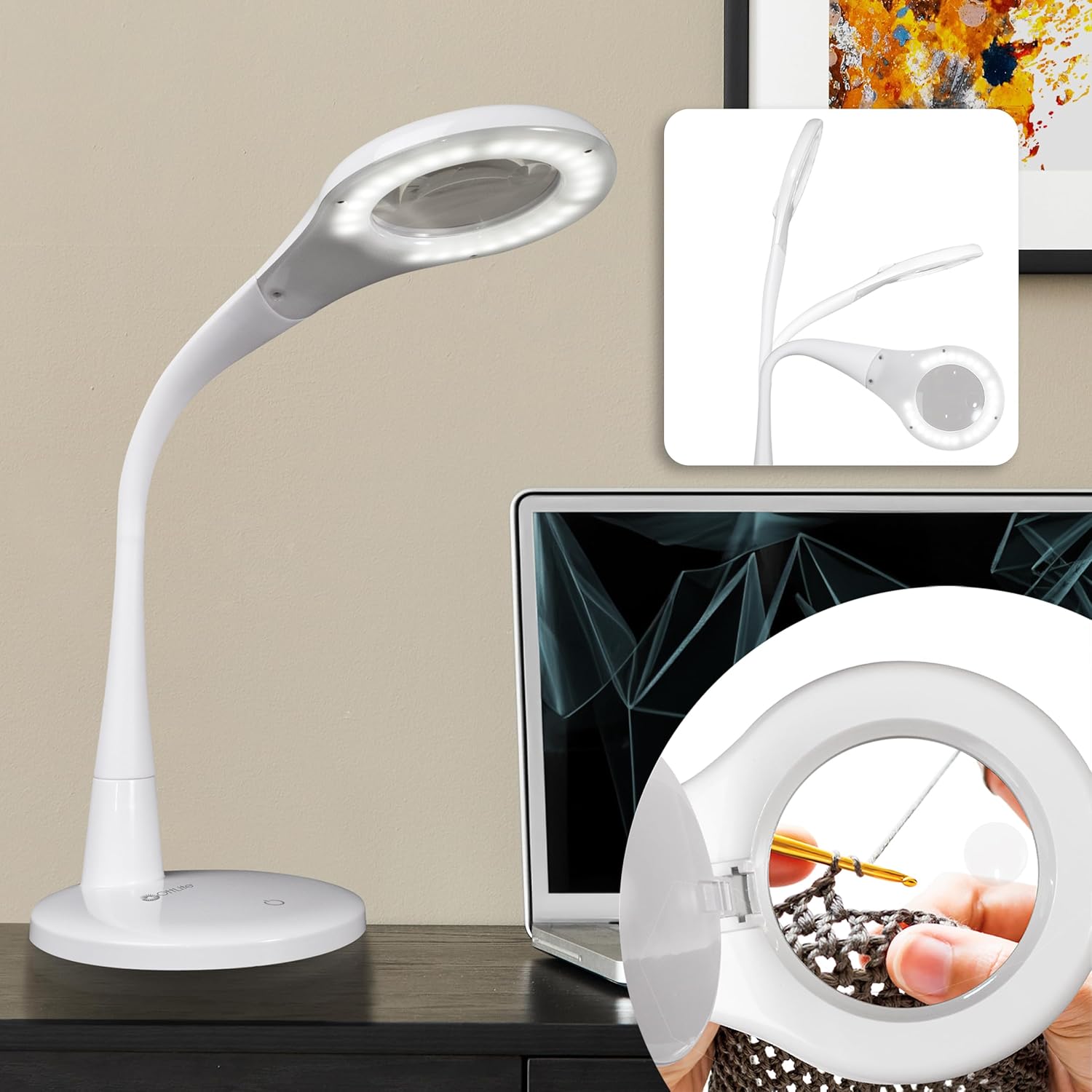 OttLite LED Desk Lamp with Adjustable Magnifier, Prevention Series - Designed to Reduce Eyestrain - Adjustable Flexible Neck, 4 Brightness Settings & Touch Controls - Crafting, Reading & Studying