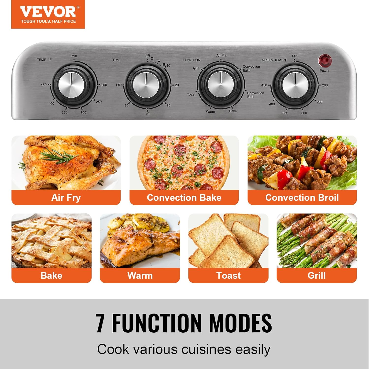VEVOR 7-IN-1 Air Fryer Toaster Oven, 18L Convection Oven, 1800W Stainless Steel Toaster Ovens Countertop Combo with Grill, Pizza Pan, Gloves, 6 Slices Toast, 10-inch Pizza, Home Use