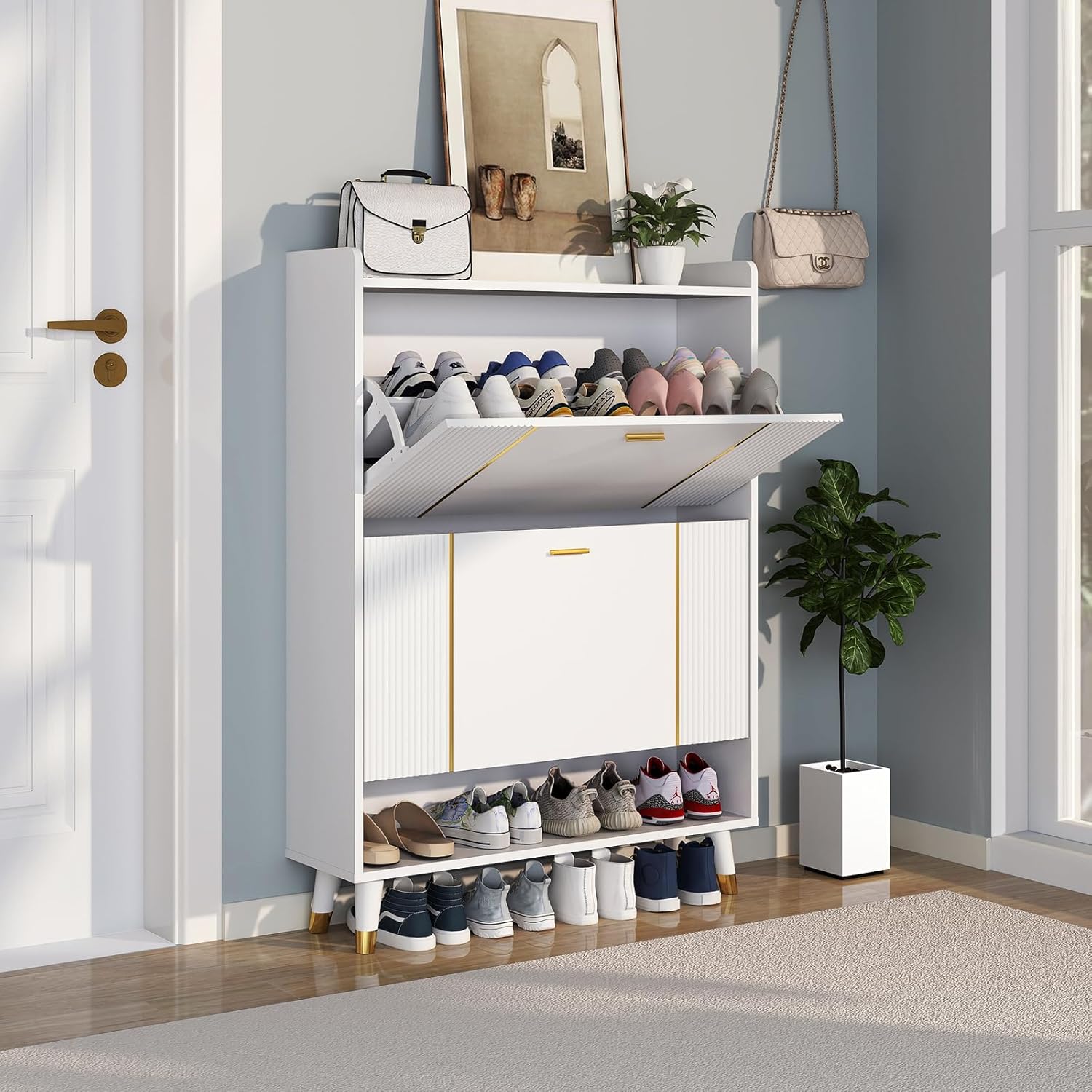 Shoe Storage Cabinet with 2 Flip Drawers, Slim Wooden Freestanding Shoe Cabinet with Cubby and Shelf, Hidden Narrow Shoes Rack Organizer for Entryway Hallway, Holds 24 Pairs, White