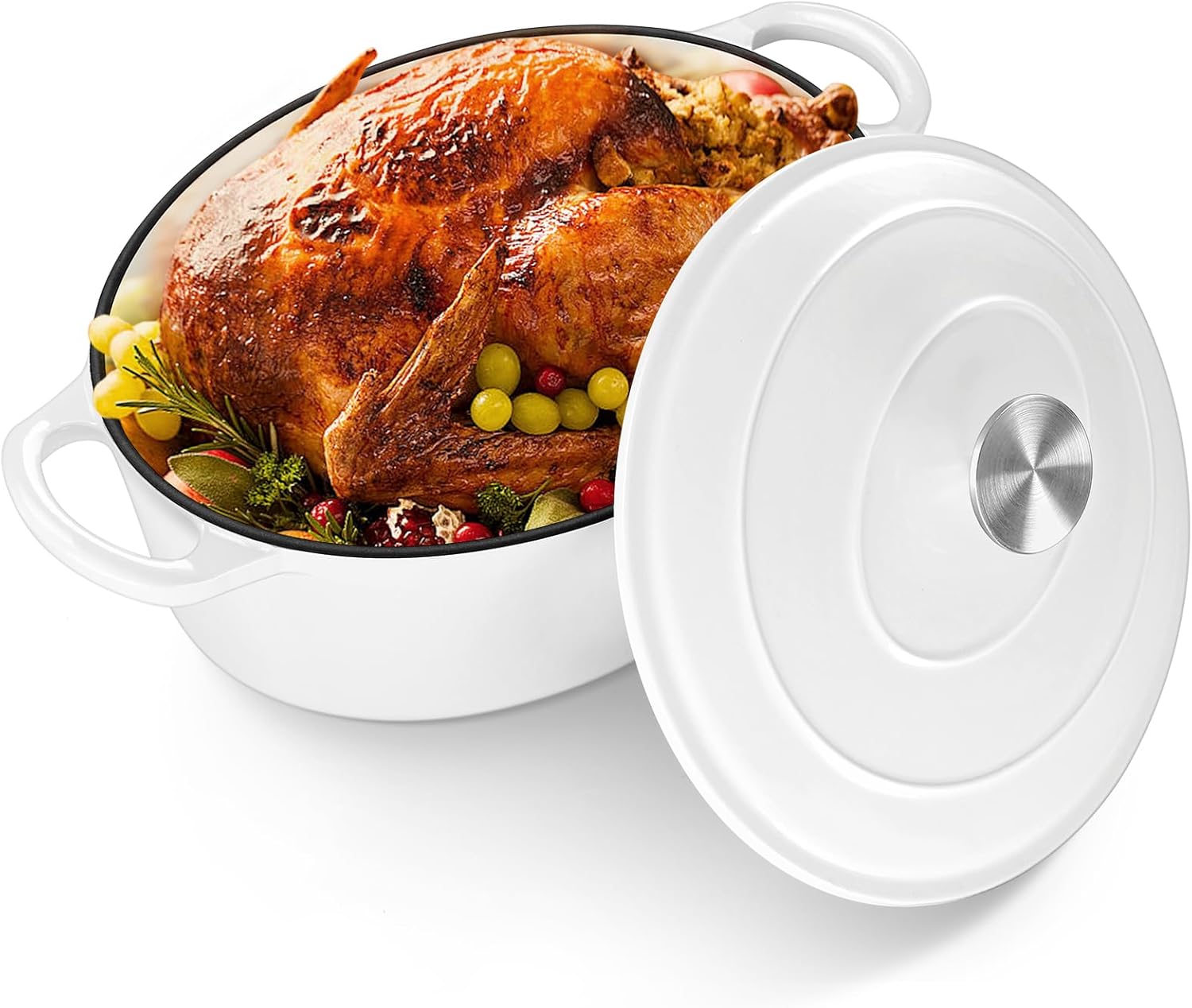 HaSteeL Oval Cast Iron Dutch Oven, 7 QT Enamel Deep Pot with Lid, Non Stick Casserole Cookware for Sourdough Bread Baking, Braising, Simmering, Poaching, Slow Cooking, Stewing, Frying, Heavy Duty, White