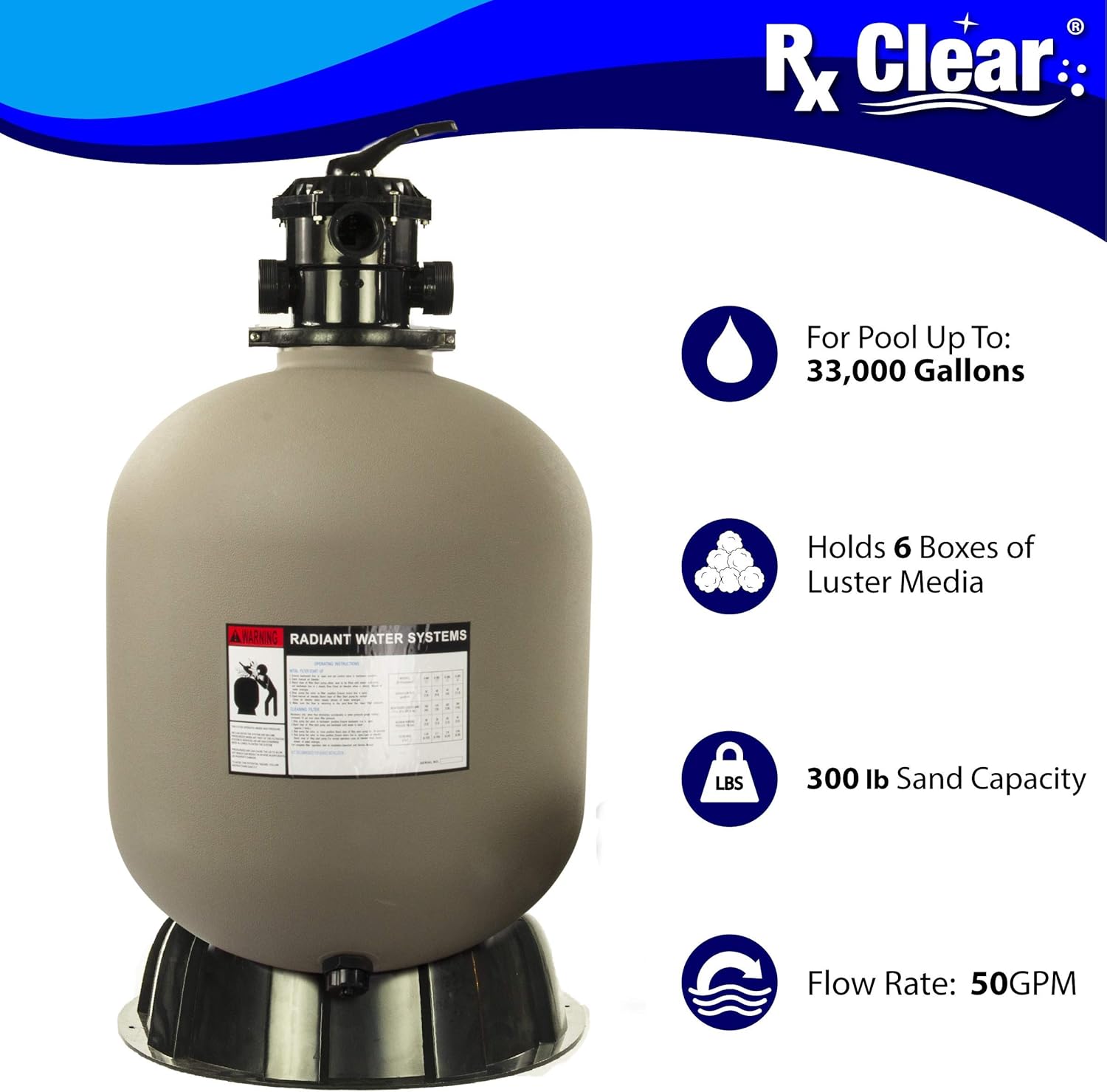 Rx Clear Radiant 24 Inch Sand Filter System | for In-Ground Swimming Pools Up to 33,000 Gallons | 6-Way Top Mount Filter Valve