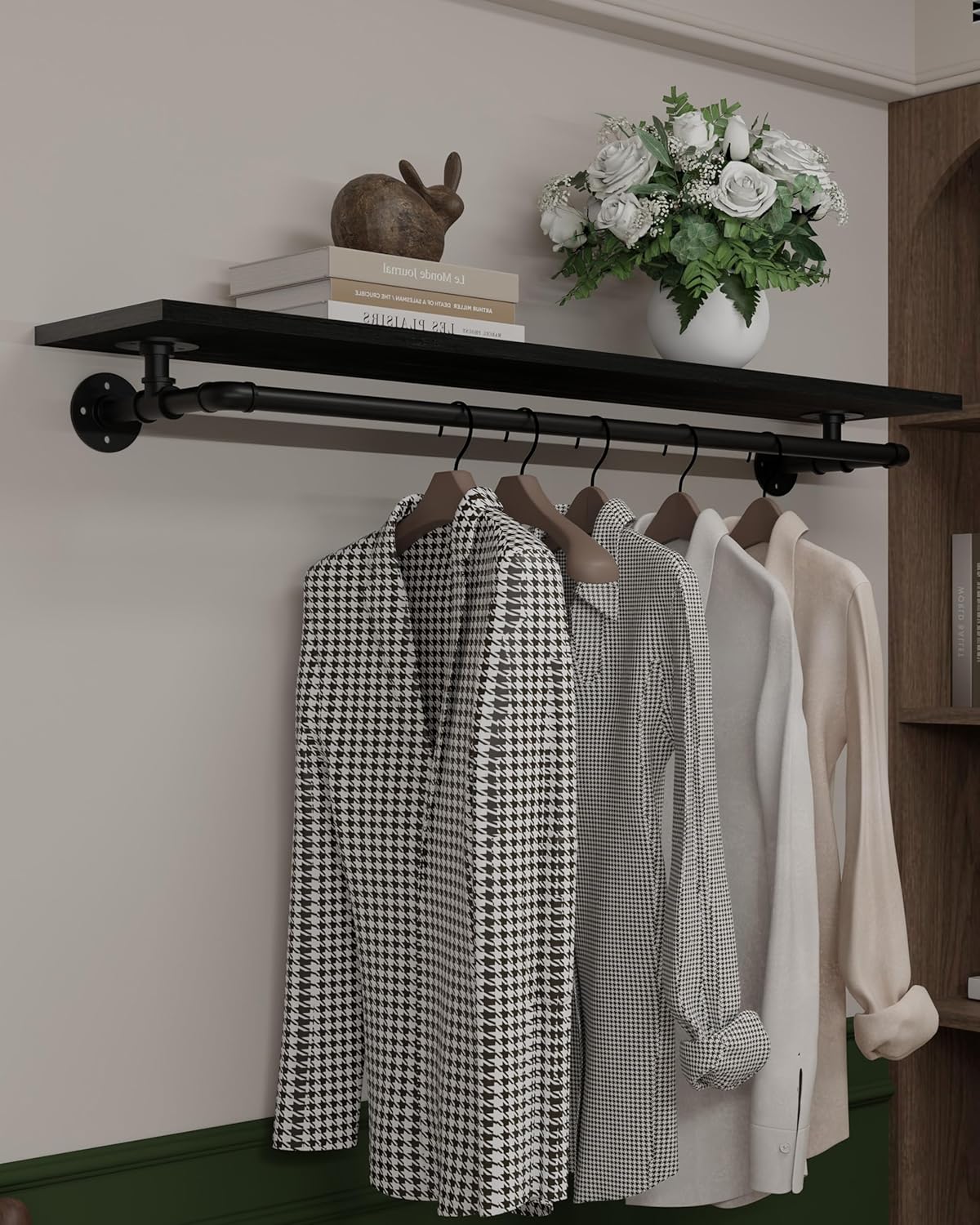Clothes Rack 42in, Wall Mounted Garment Rack with Real Walnut Wood Shelf, Heavy Duty Hanging Clothes Rack, Multi-Purpose Hanging Rod, Space-Saving Closet Storage
