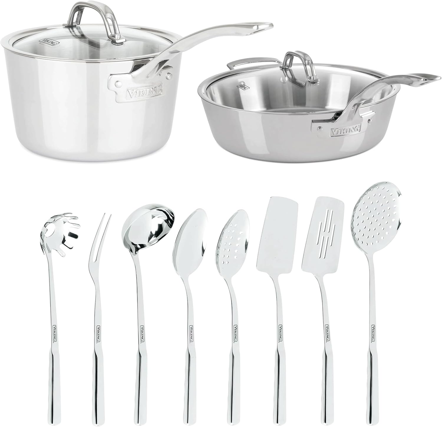 Viking 4-Piece Premium Cookware Bundle – 10” Nonstick Frying Pan, 2.4 Qt Sauce Pan with Lid, 8 Qt Stock Pot, 6 Stainless Steel Kitchen Utensils – Oven & Dishwasher Safe, Induction Ready
