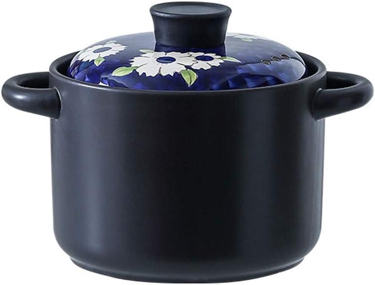Stovetop Ceramic Cookware Soup Pot Stew Clay Stockpot Earthenware, White with Flower Lid, Dark(26.6CM*18.3CM)