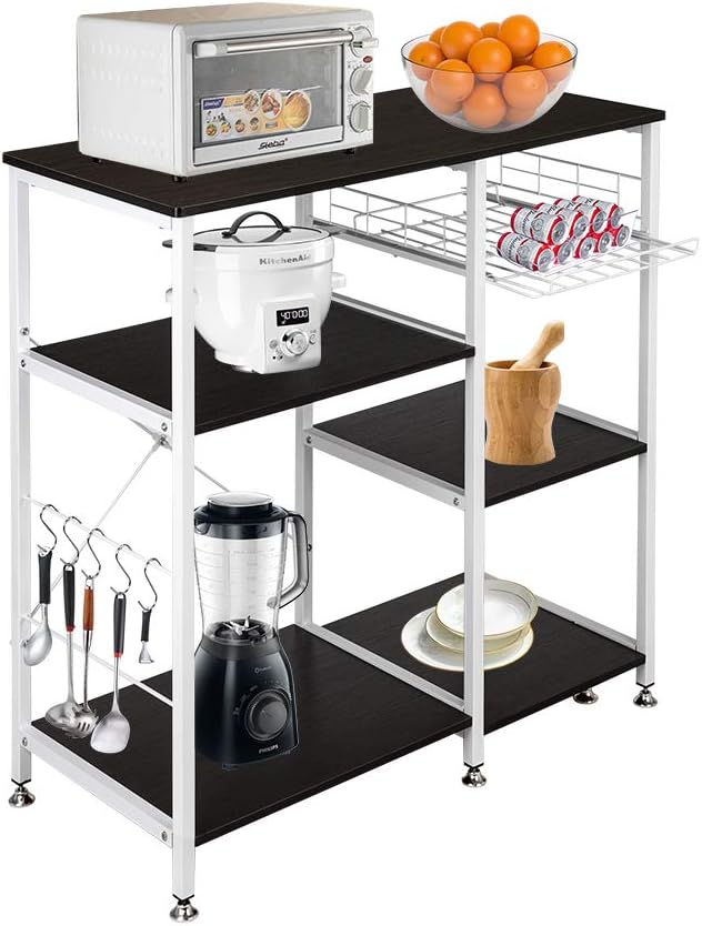 5-Tier Kitchen Bakers Rack with 10 S-Shaped Hooks, Industrial Microwave Oven Stand, Free Standing Kitchen Utility Cart Storage Shelf Organizer