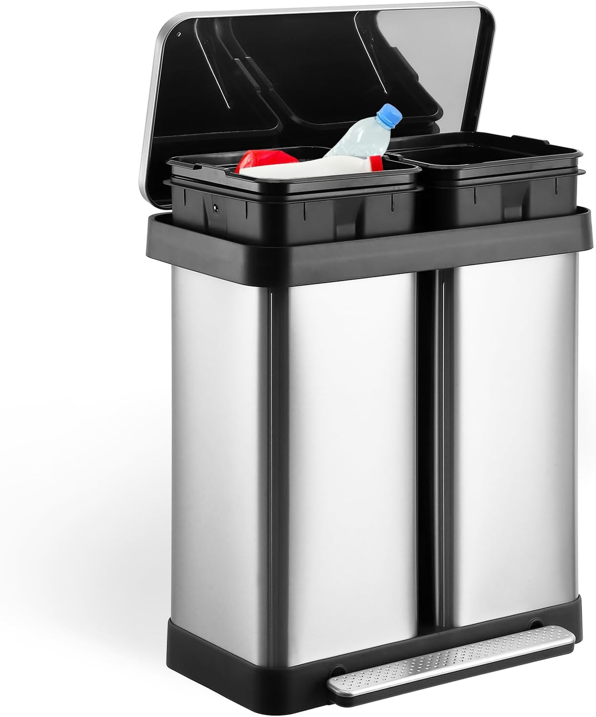 16 Gallon Trash Can, Fingerprint Proof Stainless Steel Kitchen Garbage Can with Removable Inner Bucket and Double Lid, Pedal Rubbish Bin for Kitchen Home Office