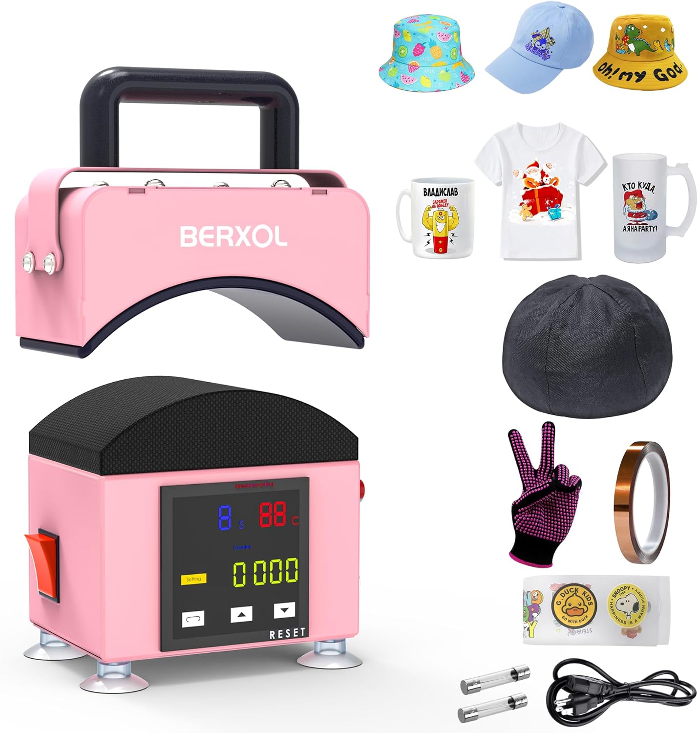 Hat Press,Hat Press Heat Machine for Caps, Curved Heat Plate，Precise Temperature & Timer Control for Easy Operation, Mini Hat Heat Press for Hats, Bags and Socks (Coral Pink)