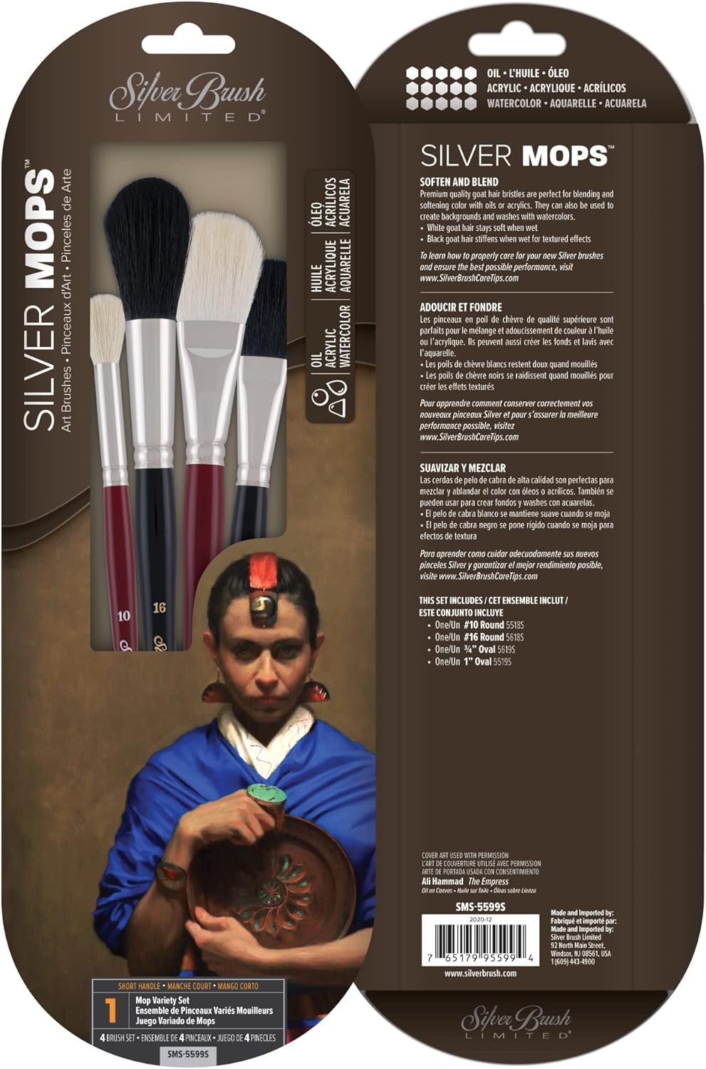 Silver Brush Limited MP-5662S Silver Mops Short Handle Round White Mops Brushes with Super-Soft Organic Hair, 5pc Professional Artist Painting Bundle for Oil, Acrylic, Watercolor, Pastels, & Charcoal