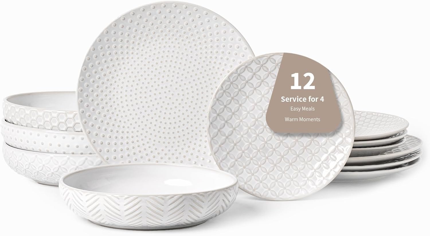 12-Piece Embossed Dinnerware Set–4 Dinner Plates,4 Salad Plates,4 Pasta Bowls,Ceramic, Dishwasher & Microwave Safe,Elegant Rustic Tableware for Family Use