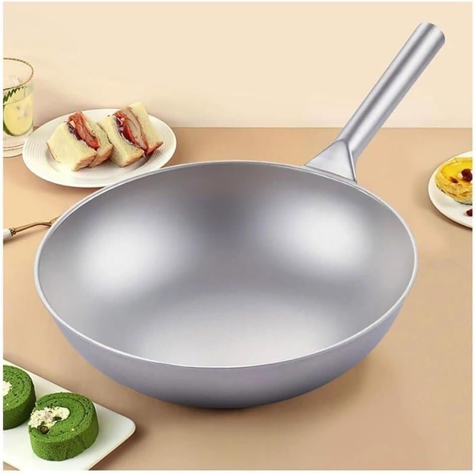 Pure Titanium Wok, Uncoated Non-Stick Frying Pan, Lightweight Round Bottom Pot for Household Use