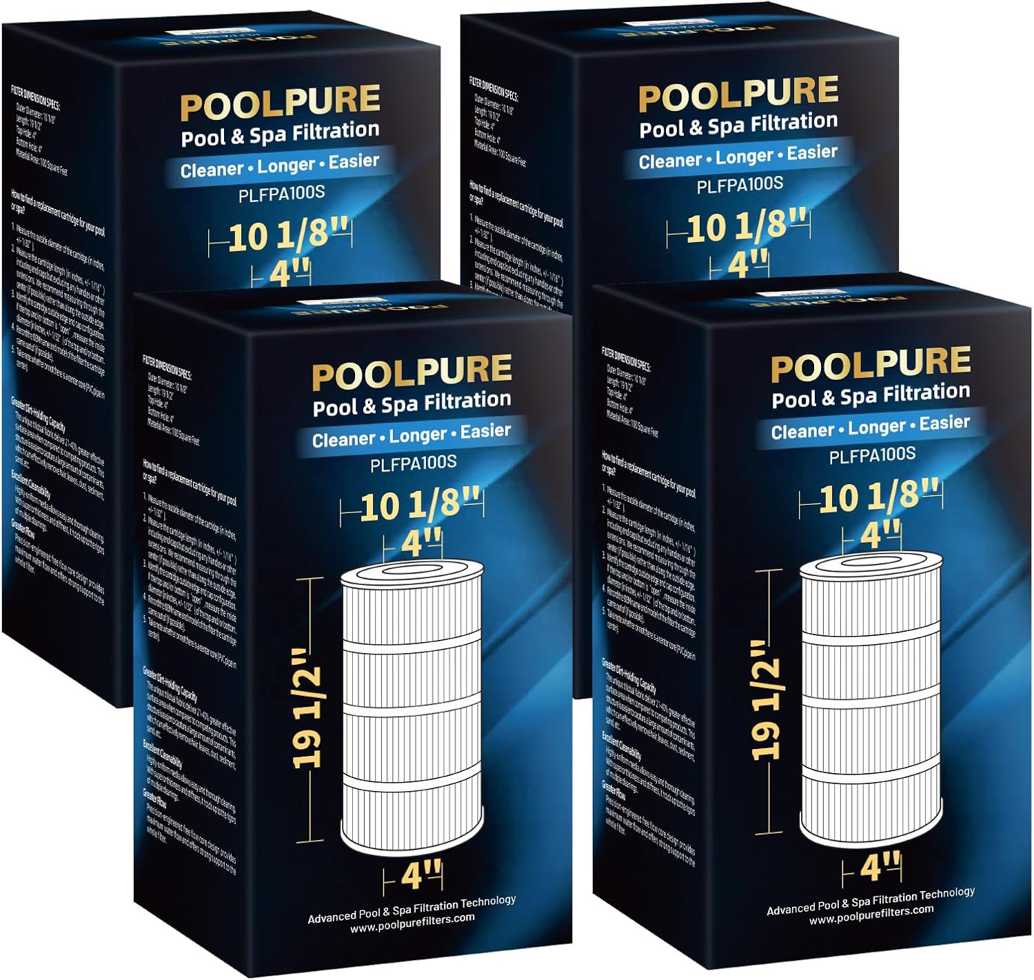POOLPURE Pack of 4 PA100S Pool Filter Compatible with Hayward SwimClear C100S, CX100XRE, PA100S, Ultral-D3, 100 sq.ft Filter Cartridge