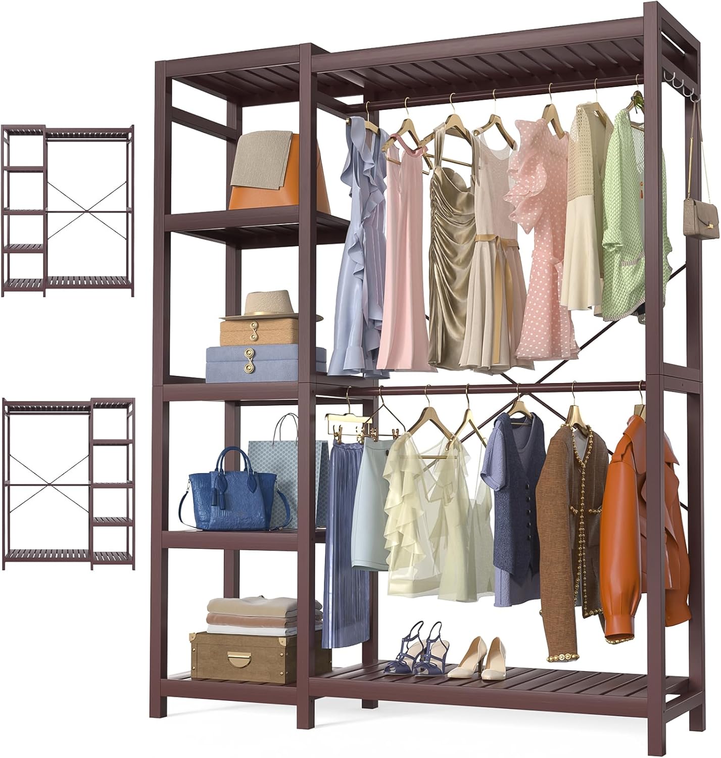 Homykic Bamboo Clothes Rack Garment Rack for Hanging Clothes, Heavy Duty Clothing Rack with 7 Tiers Adjustable Shelves, Double Rods, 4 Hooks, Freestanding Closet System Organizer Wardrobe, Espresso