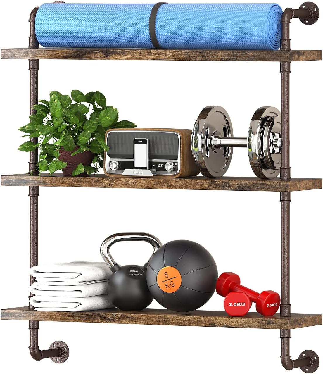 Helsin 5-Tiers 74inch Large Rustic Industrial Pipe Floating Shelving, Wall Mounted Heavy Duty Clothes Rack with Double Hanging Rods Display Storage Rack for Bedroom Organization & Home Décor